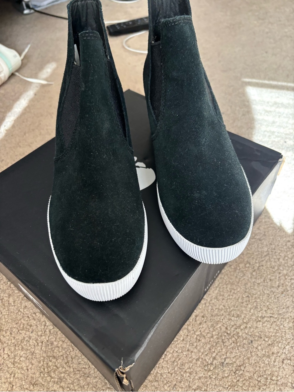 Sorel Women’s Black Suede Slip-On Chelsea Sneakers with White Sole